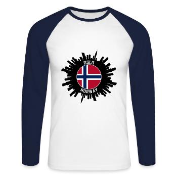 Oslo Skyline Norway Flag Travel Souvenir - Unisex Long Sleeve Baseball T-Shirt - white/navy - Front - Nik (191cm)