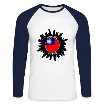 Hsinchu Skyline Taiwan Flag Souvenir de voyage - T-shirt baseball manches longues Homme - blanc/marine - Devant - Nik (191cm)