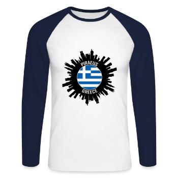 Piraeus Skyline Greece Flag Travel Souvenir - Unisex Long Sleeve Baseball T-Shirt - white/navy - Front - Nik (191cm)