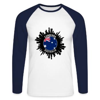 Canberra Skyline Australien Flagge Reisesouvenir - Unisex Baseballshirt langarm - Weiß/Navy - Vorne - Nik (191cm)