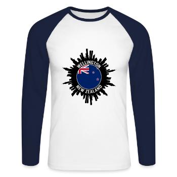 Wellington Skyline Nouvelle-Zélande Flag Voyage Souveni - T-shirt baseball manches longues Homme - blanc/marine - Devant - Nik (191cm)