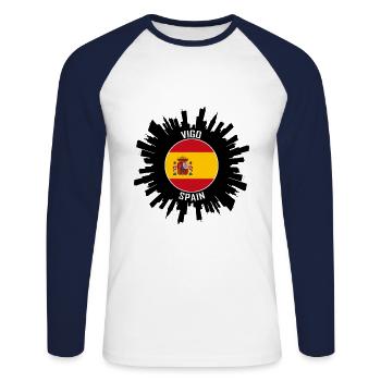 Vigo Skyline Spanien Flagge Reise-Souvenir - Unisex Baseballshirt langarm - Weiß/Navy - Vorne - Nik (191cm)