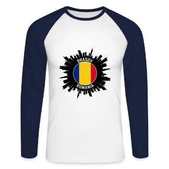 Brasov Skyline Roumanie Flag Souvenir de voyage - T-shirt baseball manches longues Homme - blanc/marine - Devant - Nik (191cm)