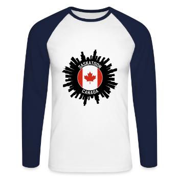 Saskatoon Skyline Canada Flag Souvenir de voyage - T-shirt baseball manches longues Homme - blanc/marine - Devant - Nik (191cm)