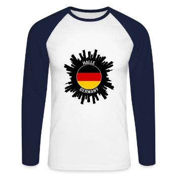 Halle Skyline Germany Flag Travel Souvenir - Unisex Long Sleeve Baseball T-Shirt - white/navy - Front - Nik (191cm)