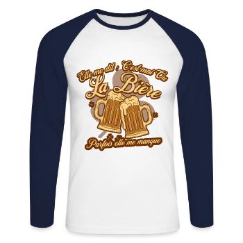 elle me dit : c'est moi ou la Bière, parfois elle. - T-shirt baseball manches longues Homme - blanc/marine - Devant - Nik (191cm)