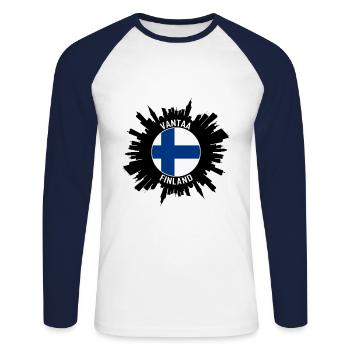 Vantaa Skyline Finnland Flagge Reise-Souvenir - Unisex Baseballshirt langarm - Weiß/Navy - Vorne - Nik (191cm)
