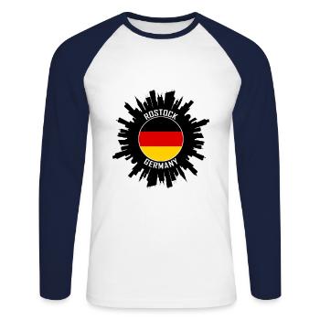 Rostock Skyline Germany Flag Travel Souvenir - Unisex Long Sleeve Baseball T-Shirt - white/navy - Front - Nik (191cm)