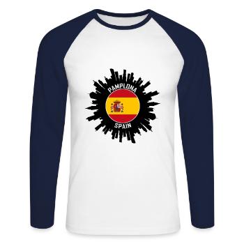 Pamplona Skyline Spanien Flagge Reise-Souvenir - Unisex Baseballshirt langarm - Weiß/Navy - Vorne - Nik (191cm)