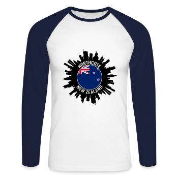 Northcote Skyline Neuseeland Flagge Reise-Souvenir - Unisex Baseballshirt langarm - Weiß/Navy - Vorne - Nik (191cm)