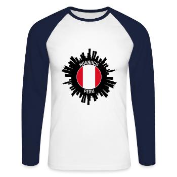 Huanuco Skyline Pérou Flag Souvenir de voyage - T-shirt baseball manches longues Homme - blanc/marine - Devant - Nik (191cm)