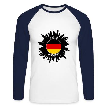 Hagen Skyline Germany Flag Travel Souvenir - Unisex Long Sleeve Baseball T-Shirt - white/navy - Front - Nik (191cm)