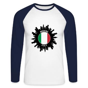 Modena Skyline Italien Flagge Reise-Souvenir - Unisex Baseballshirt langarm - Weiß/Navy - Vorne - Nik (191cm)