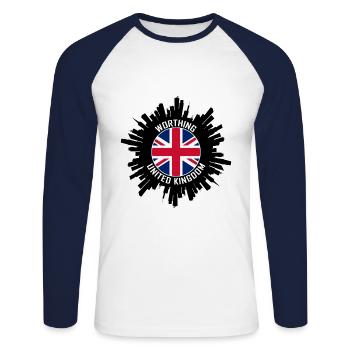 Worthing Skyline Uk Flag Travel Souvenir - Unisex Long Sleeve Baseball T-Shirt - white/navy - Front - Nik (191cm)