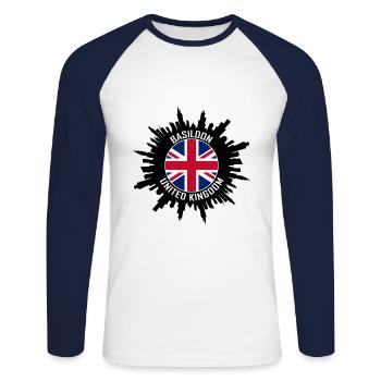 Basildon Skyline Uk Flag Travel Souvenir - Unisex Long Sleeve Baseball T-Shirt - white/navy - Front - Nik (191cm)
