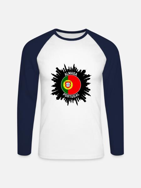Almada Skyline Portugal Flag Travel Souvenir - Unisex Long Sleeve Baseball T-Shirt - white/navy