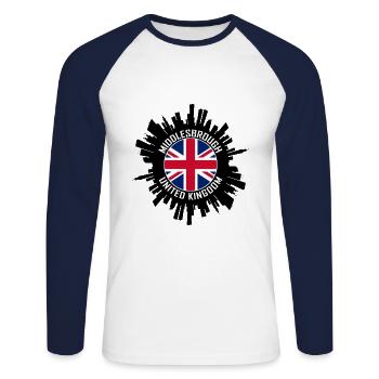 Middlesbrough Skyline UK Flagge Reise-Souvenir - Unisex Baseballshirt langarm - Weiß/Navy - Vorne - Nik (191cm)