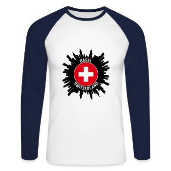 Basel Skyline Schweiz Flagge Reise-Souvenir - Unisex Baseballshirt langarm - Weiß/Navy - Vorne - Nik (191cm)