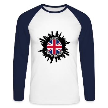 Ilford Skyline Uk Flag Souvenir de voyage - T-shirt baseball manches longues Homme - blanc/marine - Devant - Nik (191cm)