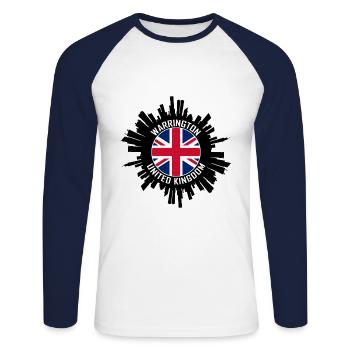 Warrington Skyline UK Flagge Reise-Souvenir - Unisex Baseballshirt langarm - Weiß/Navy - Vorne - Nik (191cm)