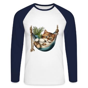 Chat dans un Hammock - T-shirt baseball manches longues Homme - blanc/marine - Devant - Nik (191cm)