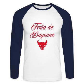 Feria de Bayonne idée cadeau - T-shirt baseball manches longues Homme - blanc/marine - Devant - Nik (191cm)