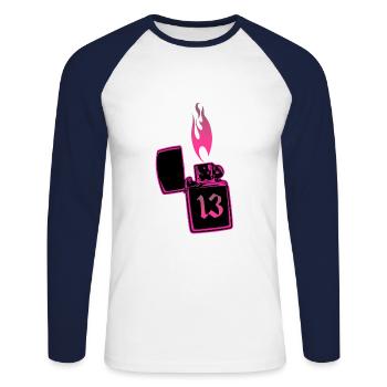 Briquet feu numéro 13 rose - T-shirt baseball manches longues Homme - blanc/marine - Devant - Nik (191cm)