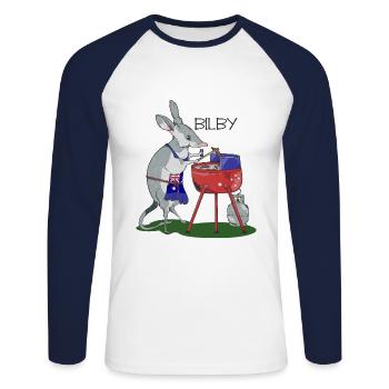 Grillsaison in Bilby, Australien - Unisex Baseballshirt langarm - Weiß/Navy - Vorne - Nik (191cm)