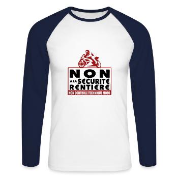 NON a la sécurité rentière - anti CT moto manif - T-shirt baseball manches longues Homme - blanc/marine - Devant - Nik (191cm)