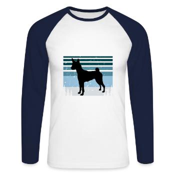 Basenji Hundeliebhaber Silhouette Vintage Sonnenuntergang - Unisex Baseballshirt langarm - Weiß/Navy - Vorne - Nik (191cm)