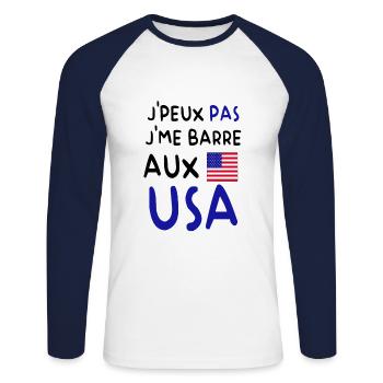 J'peux pas j'me barre aux USA - T-shirt baseball manches longues Homme - blanc/marine - Devant - Nik (191cm)