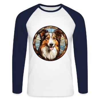 Collie Dog Breed Aquarelle Verre - T-shirt baseball manches longues Homme - blanc/marine - Devant - Nik (191cm)