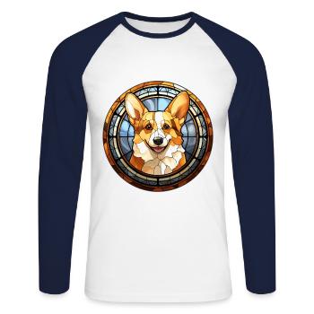 Pembroke Welsh Welsh Corgi Dog Breed Aquarelle Verre - T-shirt baseball manches longues Homme - blanc/marine - Devant - Nik (191cm)