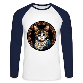 Verre aquarelle de race de chat Bobtail japonais - T-shirt baseball manches longues Homme - blanc/marine - Devant - Nik (191cm)