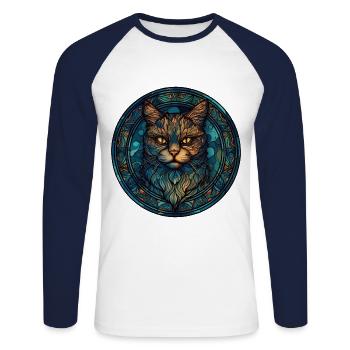 Manx Cat Breed Aquarelle Verre - T-shirt baseball manches longues Homme - blanc/marine - Devant - Nik (191cm)