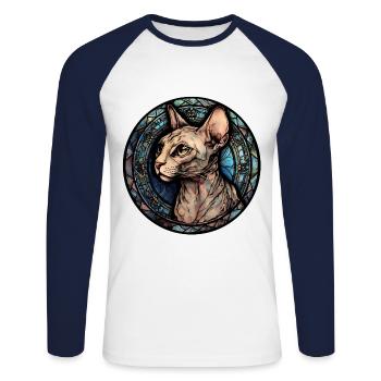 Peterbald Cat Breed Aquarelle Verre - T-shirt baseball manches longues Homme - blanc/marine - Devant - Nik (191cm)