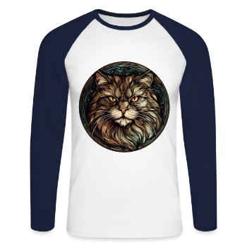 Race de chat sibérien Aquarelle Peinture sur verre - T-shirt baseball manches longues Homme - blanc/marine - Devant - Nik (191cm)