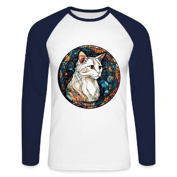 Peinture sur verre aquarelle de race turque Van Cat - T-shirt baseball manches longues Homme - blanc/marine - Devant - Nik (191cm)