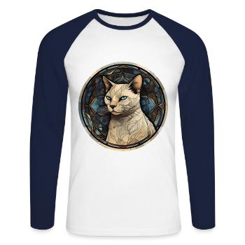 Peinture sur verre aquarelle de race de chat thaïlandais - T-shirt baseball manches longues Homme - blanc/marine - Devant - Nik (191cm)