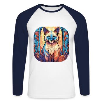 Peinture à l’aquarelle de race de chat balinais coloré - T-shirt baseball manches longues Homme - blanc/marine - Devant - Nik (191cm)