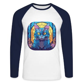 Colorful Chartreux Cat Breed Watercolor Painting - Unisex Long Sleeve Baseball T-Shirt - white/navy - Front - Nik (191cm)