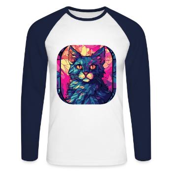 Coloré Manx Cat Race Aquarelle Peinture sur Verre - T-shirt baseball manches longues Homme - blanc/marine - Devant - Nik (191cm)