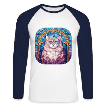 Peinture à l’aquarelle coloré de race de chat persan - T-shirt baseball manches longues Homme - blanc/marine - Devant - Nik (191cm)