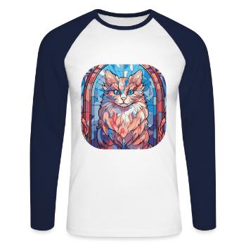 Peinture à l’aquarelle de race de chat sibérien coloré - T-shirt baseball manches longues Homme - blanc/marine - Devant - Nik (191cm)