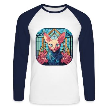 Peinture à l’aquarelle colorée de race de chat Sphynx - T-shirt baseball manches longues Homme - blanc/marine - Devant - Nik (191cm)