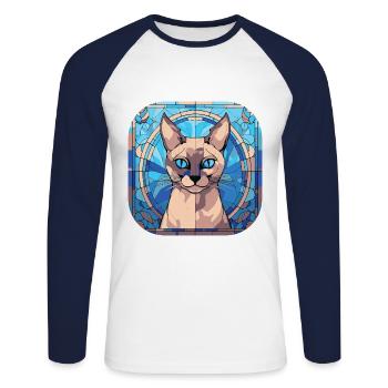 Peinture à l’aquarelle colorée de race de chat siamois - T-shirt baseball manches longues Homme - blanc/marine - Devant - Nik (191cm)