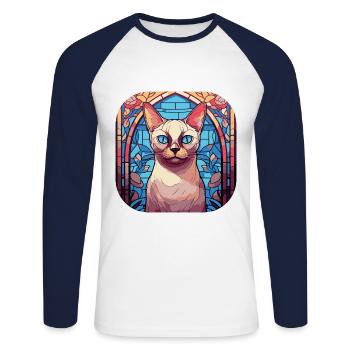 Peinture à l’aquarelle de race de chat tonkinois colorée - T-shirt baseball manches longues Homme - blanc/marine - Devant - Nik (191cm)