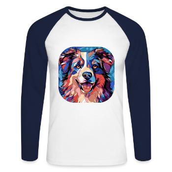 Aquarelle colorée de race de chien de berger australien - T-shirt baseball manches longues Homme - blanc/marine - Devant - Nik (191cm)