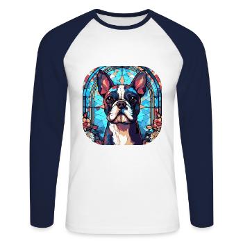 Verre d’aquarelle coloré de race de chien Boston Terrier - T-shirt baseball manches longues Homme - blanc/marine - Devant - Nik (191cm)