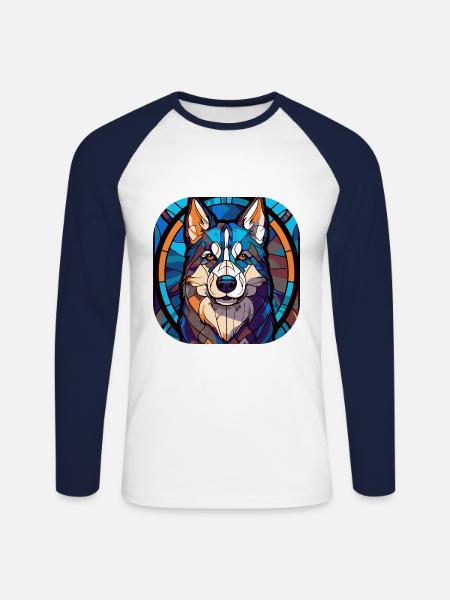 Bunte Husky-Hunderasse Aquarellglasmalerei - Unisex Baseballshirt langarm - Weiß/Navy